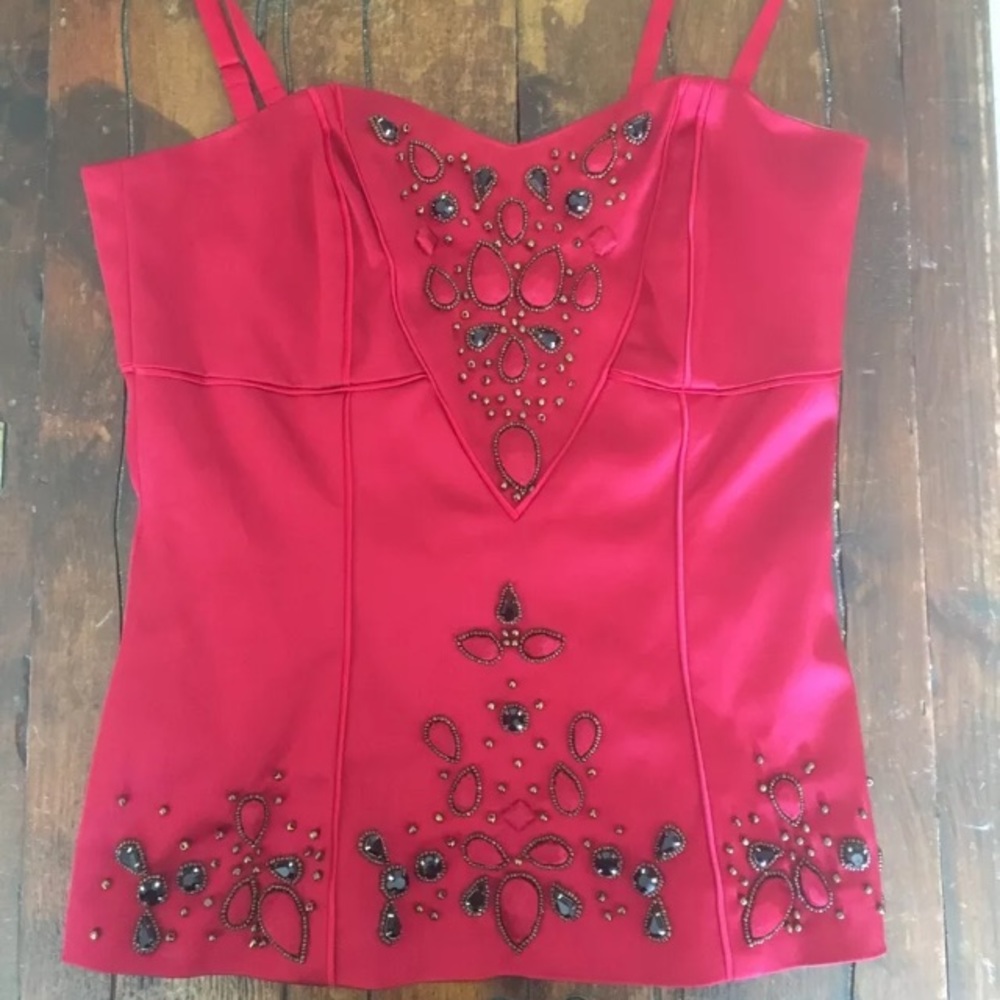 Cache Red Silky Embellished Beaded Occasion Top 0